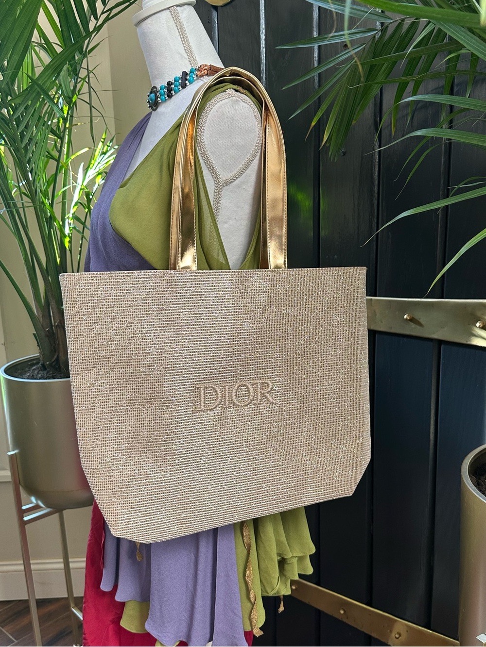 New Authentic Christian Dior VIP Beauty Gold Lame Tote overnight bag Embroidered